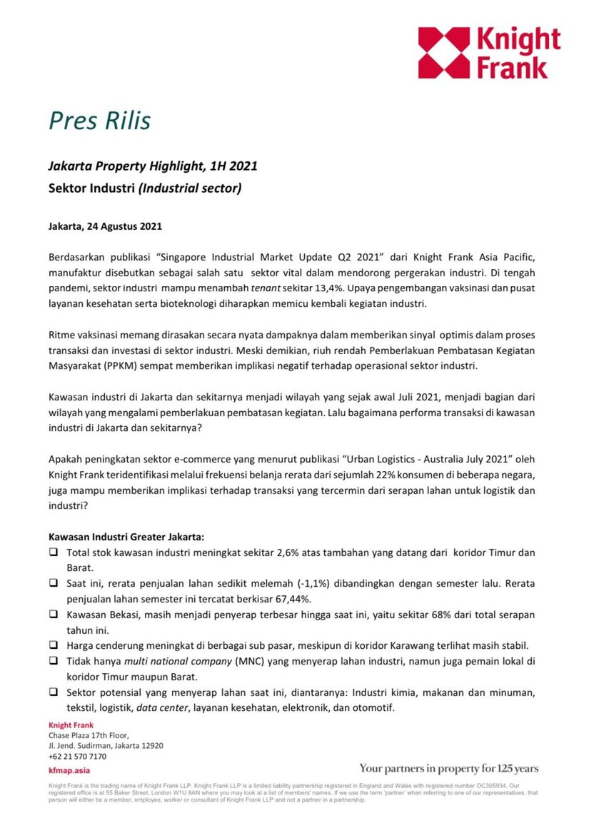 Rilis Pers - Jakarta Property Highlight 1H 2021 Sektor Industri | KF Map Indonesia Property, Infrastructure